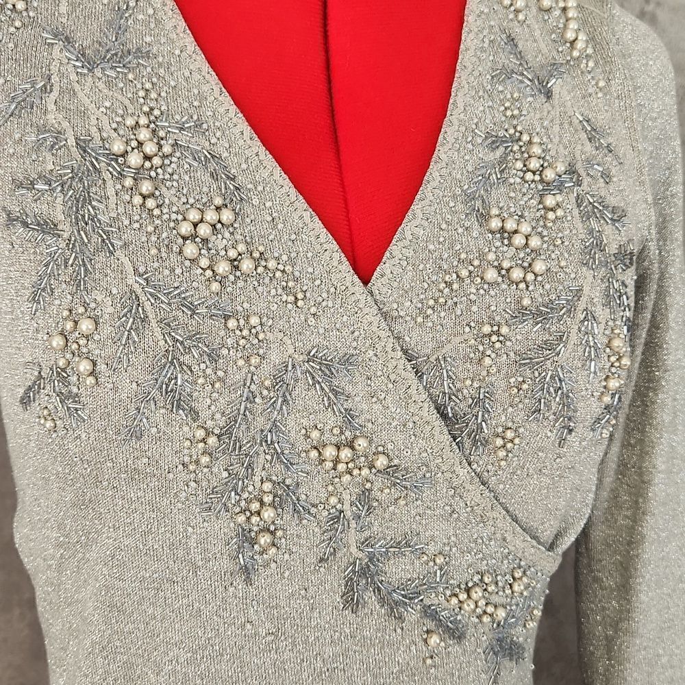 *Ann Taylor Petites Silver Beaded Wrap Sweater Top XSP Metallic Holiday - Picture 4 of 12
